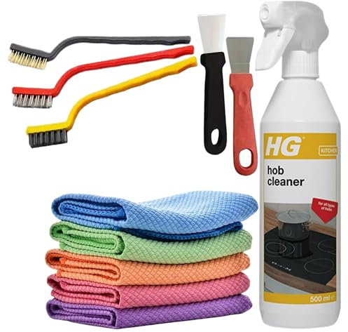 HG Hob Cleaner for Everyday Use, Induction Hob Cleaner & Glass Spray, Grease Remover & Kitchen Cleaner Degreaser, Ceramic Hob Cleaner & Gas Hob Cleaner, 5pcs Cleaning Tool Set, Microfiber Cloths