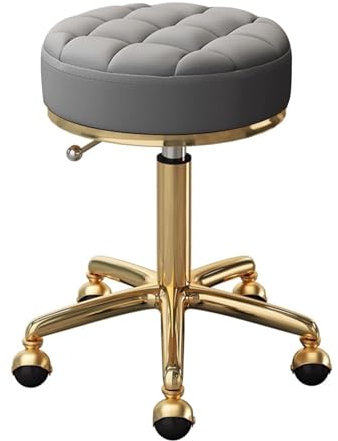 Runder Rollhocker mit verstellbarem Drehgelenk aus PU-Leder und goldfarbenem Rahmen, grau, für Zuhause, Büro, Spa, Salon, Massagesessel