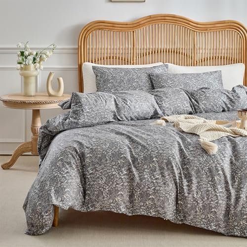 mixinni 3-teiliges Bettwäsche-Set für Queen-Size-Bett, 100 % Baumwolle, Wildblumen-Druck auf grauem Blumenmuster, Bettwäsche-Set mit Reißverschluss, 4 Bänder (1 Bettbezug 228,6 x 228,6 cm, 2