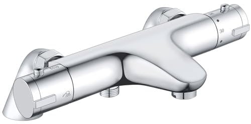 Thermostatic Bath Shower Mixer, Bevankly Exposed Thermostatic Shower Mixer Taps Valve Anti Scald Tap, Deck Mounted Bath Shower Mixer Bar with Anti-Scald Control Valve, Brass, 180mm