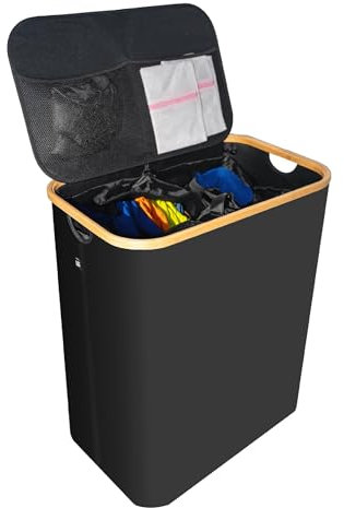 Wäschekorb schwarz 140L – Faltbar & mit Deckel – 2 Fächer + 3 Wäschesäcke & 2 Waschnetze – Aus Oxfordstoff 600D – Wäschesortierer & Wäschetruhe für Bad, Schlafzimmer & Haushalt