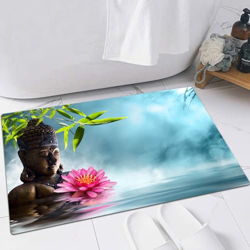 FSDGY Badvorleger Fußmatte Flauschig Teppich Badezimmerteppich Duschmatte für Bade & Wohnzimmer Schlafzimmer,Zen-Dekor, Zen-Seerosen-Blumen, Spa-Dekor, Natur, Feng Shui Nat,40x60 cm