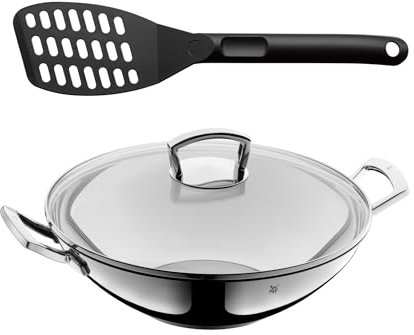 WMF Set 2-teilig Wok Induktion mit Glasdeckel 36 cm, Wokpfanne Induktion, Cromargan Edelstahl, spülmaschinengeeignet Pfannenwender Kunststoff 31 cm, Wender mit Ablage-Knick und Aussparungen