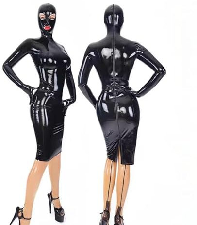 LIXIAAOOKWEDG Rubber Latex Women Men Black Long Sleeve Dress Mask Gloves Attached with 3D Breast Cup,Black,S