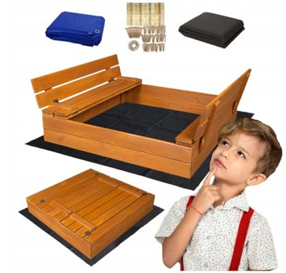 Sandkasten mit Sitzbank 100 x 100 cm, Abdeckung, imprägniertes Holz, Kindersandkasten, Spielplatz