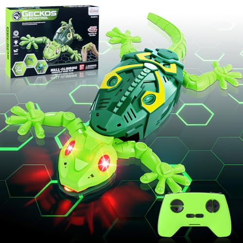 Charmofun Gecko Radiocommandé, lezard Télécommandé avec Yeux LED Lumineux, lezard Qui Grimpe Au Mur, Mouvements réalistes, Direction réglable, Jouet Cadeau interactif pour Enfants 3+ Ans (Vert)