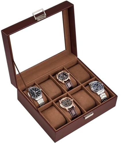 ProCase Porta Orologi Uomo a 8 Posti, Scatola Orologi in Pelle, Custodia Orologi con Coperchio in Vetro, Idea Regalo Portagioie Uomo Organizer per Orologi -Espresso | Scatola per orologi in pelle sintetica di alta qualità, da uomo