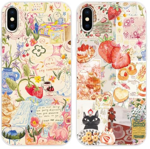 Phoona 2 Pack Strawberry Print Case for iPhone X 5.8, European Collage Aesthetic Preppy Girly Design Pattern for Girls Women, Slim Soft Silicone Shockproof Bumper Protector Cover