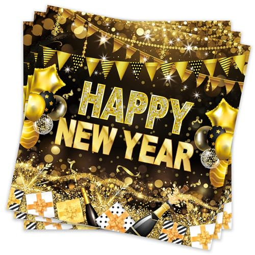 40 Stück Servietten Silvester,Silvester Servietten,New Year Deko,Happy Schwarz Tischdeko,Neujahr Decorations,Party Dekoration Partygeschirr,Silvesterdeko 33x33cm