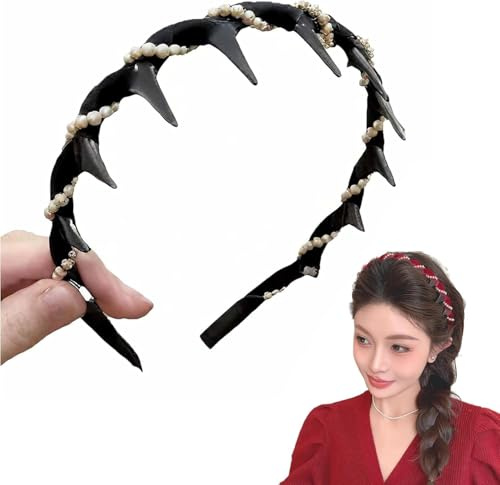 Damen Haarbänder mit Perlen - Hochkronen Haarreif für Damen, Elegante Haaraccessoires für Tag & Nacht, Vintage Haarschmuck für Hochzeit/Abend/Fest - Wellenform Haarband (Schwarz)
