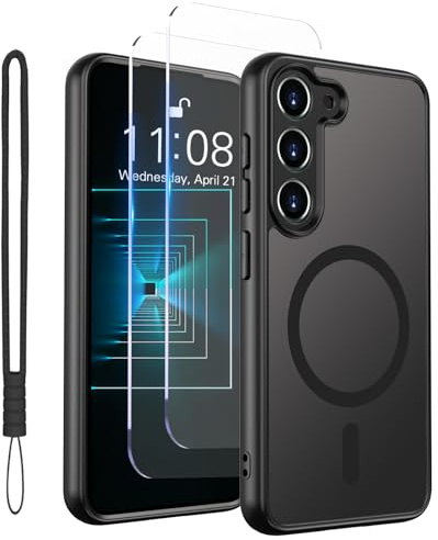 Mitetabo Handyhülle für Samsung Galaxy S23 Hülle für MagSafe Magnetisch [2 Schutzfolie][1 Lanyard] Militärischer Stoßfest Matt Transluzente Anti-Fingerabdruck Case für Samsung S23 5G Schwarz