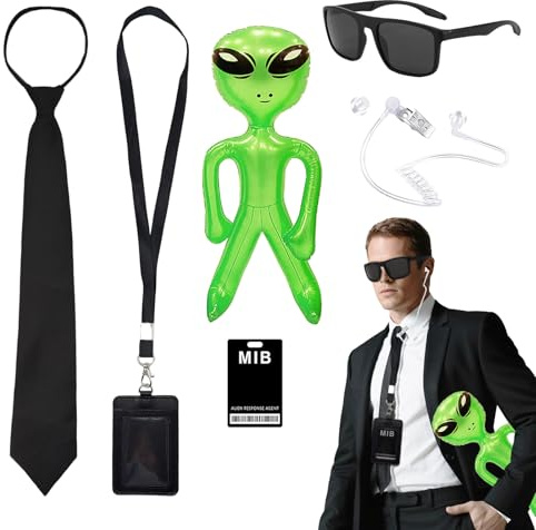 FUIPVGI 7-teiliges Agenten-Kostüm-Zubehör-Set, Geheimdienst-Kostüm, Spionage-Kostüm-Zubehör mit grüner aufblasbarer Aliens-Sonnenbrille, Ausweis, Krawatte, Kartenhalter, gefälschtem Ohrhörer für