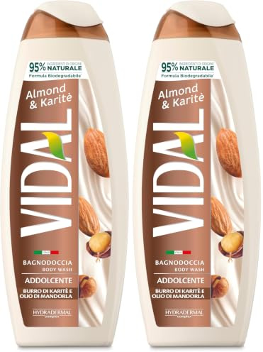 Vidal - Bagnoschiuma Almond & Karité, Formula Addolcente, con Olio di Mandorle e Burro di Karité, Dermatologicamente Testato, 500ml (Confezione da 2)