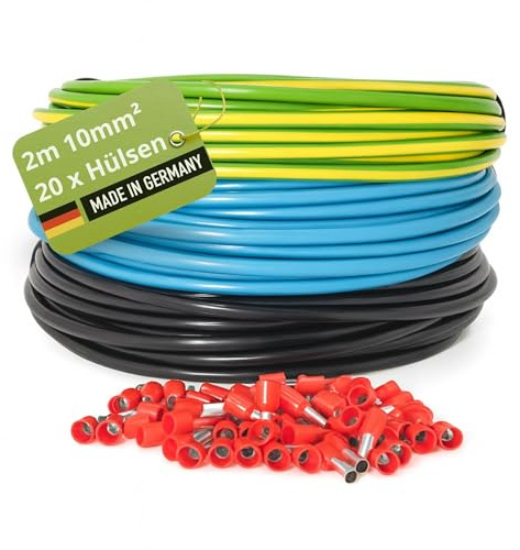 INVOLT Set di cavi H07V-K da 10 mm², cavo da 3 x 2 m, 20 terminali