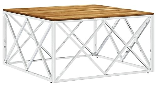 Heofavd Couchtisch Silbern 80x80 cm Edelstahlgestell Akazienholz Modernes Design Robust und Langlebig für Wohnzimmer Sofa Ecke