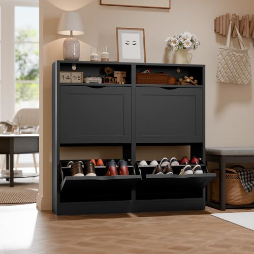 ELUCHANG Schuhschrank schmal mit 4 Klappen / 8 Ablagen, Platzsparender Schuhkipper Schuhkommode, Geschlossen Schuhregal, Shoe Cabinet Flurschrank für Diele/Flur/Garderobe, Schwarz