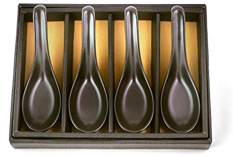 Porzellan Löffel RENGE KURO aus Japan in 4er Geschenkset Anthrazit Schwarz japanische Porzellanlöffel Suppenlöffel Reislöffel