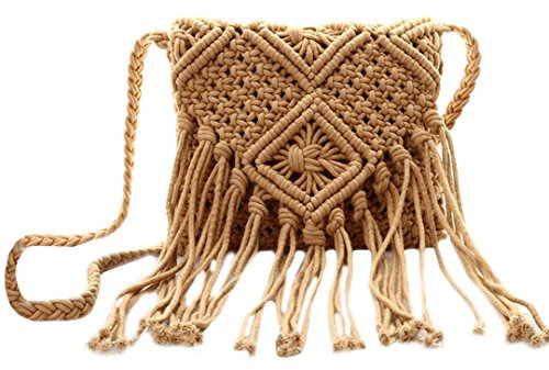 AiSi Damen Mädchen geflochten Strandtasche Quaste Umhängetasche Schultertasche kleine Abendtasche Elegante Handtasche, mit Reißverschluss, Khaki