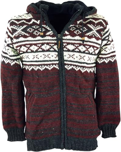 GURU SHOP Wolljacke mit nordischem Muster, Strickjacke aus Wolle | Fleece gefütterte Jacke, flauschige Kapuze, Reißverschlusstaschen, handgefertigt in Nepal.