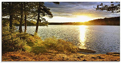 ARTLAND Wanddeko Glasbilder Wandbild Glas Bild einteilig 100x50 cm Querformat Sonnenuntergang Natur Wald See Sonne Kanada Landschaft T6AF