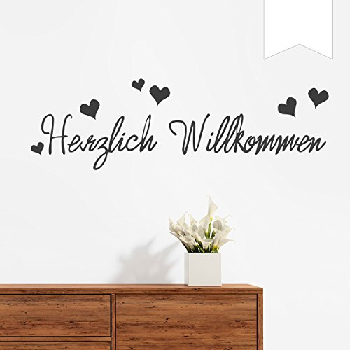 WANDKINGS Wandtattoo - Herzlich Willkommen (mit 6 Herzen) - 50 x 15 cm - Weiß - Wähle aus 5 Größen & 35 Farben