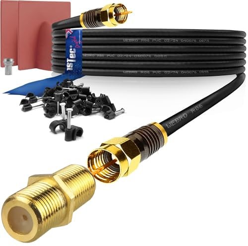 1STec 15m Long Black Gold Plated Male to Male Super Fast Virgin Media Webro RG6 Extension Cable with Female Joining Coupler for V6 TIVO Set Top Box or VIVID Fibre Super Hub Broadband Modems 15 Metre