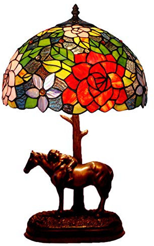 Yjmgrowing 12-Zoll Elegante Rose Tiffany Stil Glasmalerei Tischlampe mit Harz Pferd Basis Schlafzimmer Nacht Kunst Beleuchtung, E27 (Lampen Nicht enthalten)