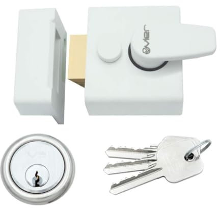 Yale Style Dead Locking 40mm Night Latch High Quality Front Door Lock Rim Cylinder Assisted Nightlatch for External Doors, Complete with Rim Cylinder and 3 Keys (Powder Coated White)