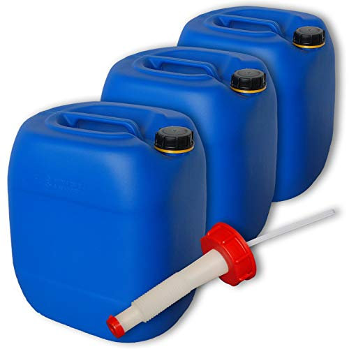 plasteo Lot de 3 bidons HDPE Jerrican 30 L, Bleu, Alimentaire + 1 Bec verseur Flexible DIN 61 (22027x3+22020)