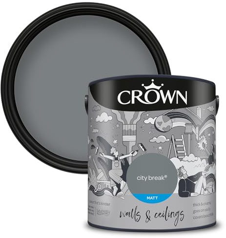 Crown WALLS & CEILINGS Dark Grey Matt Emulsion Paint 5L | Rich velvety matt in City Break. Covers beautifully. Ideal for bedrooms & living rooms. Low VOC, low odour, vegan