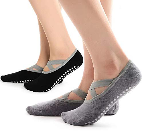 Hually Antiscivolo Calze Donna - 2 Paia Calzini Pilates Antiscivolo per Yoga,Pilates, Pure Barre, Balletto, Danza, Fitness, Ballo a Piedi Nudi(Nero e Grigio)
