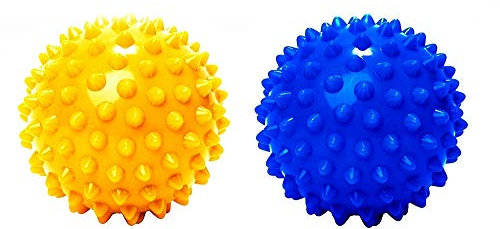 LoveLegis 2 Massagebälle 7,5 cm Durchmesser Fitness Gymnastik Sport Antistress Füße Hände Nacken Rücken Arme Pilates Gelb Blau Reha Wohlbefinden Entspannung Dehnung Muskeln Selbstmassage