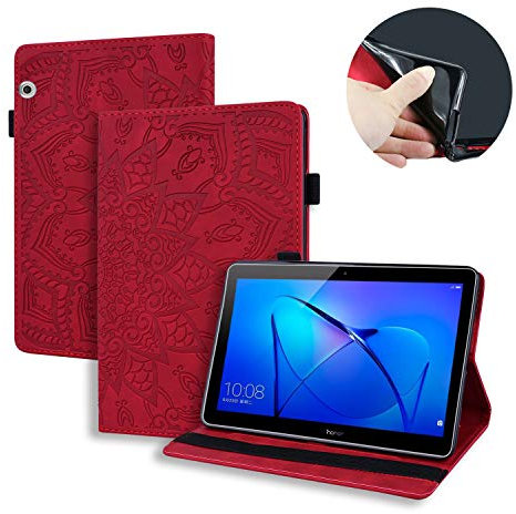 Coque Huawei Mediapad T3 10, Lspcase Etui Huawei Tablette T3 9.6 Pouces Housse en Cuir Flip Stand Portefeuille Porte-Stylo et Carte Slot Case Cover pour Huawei Mediapad T3 10 9.6 Mandala Fleur Rouge