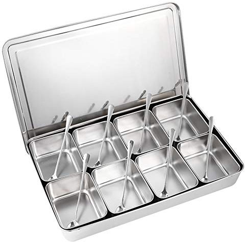 Fdit Caja de condimentos de plata 8 rejillas Caja de condimentos de acero inoxidable Contenedores de almacenamiento de Tarro de especias Utensilios de cocina