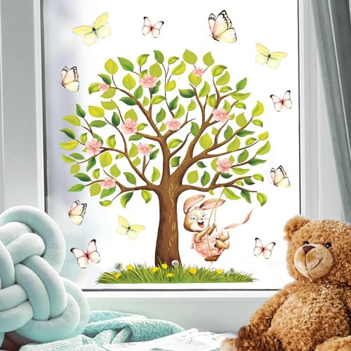 Wandtattoo Loft Fensterbilder Frühling Hase auf Baumschaukel Motiv – A3 Bogen Wiederverwendbar – Frühlingsdeko Fenster, Frühlingsbild Fenster, Fensterdeko Frühling, Fensterfolie Frühling Selbstklebend