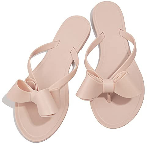 TYFLOVE Frauen Nieten Flip Flops Nieten Jelly Tanga Sandalen mit Schleife Sommer Fliege Flach Strand Regenschuhe, Hautfarbene Schleife, 39 EU