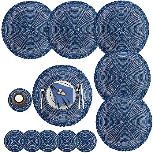 Placemats and Coaster Set of 6,Christmas Table Mats 15in/38cm, Non Slip Washable Heat Resistant Place Mat for Home,Kitchen, Dining Table, Outdoor,Blue
