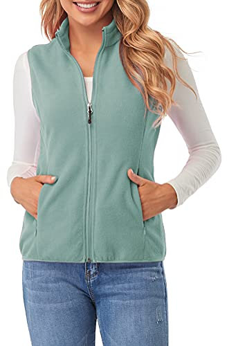 fuinloth Fleece Weste für Damen, Leicht Ärmellose Standkragen mit Reißverschlusstaschen Graugrün X-Large