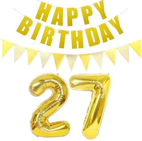 Luftballons Zahl 27 gold + Happy Birthday Girlande + banner Folienballon 27.Geburtstags deko frau mann ballons 27 Jahre Geburtstag deko frauen Zahlenballon 27 Geburtstag dekoration Männer frau(27)