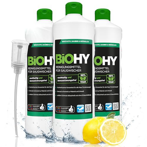 BiOHY Reinigungsmittel für Saugwischer mit Frischeduft (3 x 1 Liter) + Dosierer | 1:200 Konzentrat für alle Nass-Trockensauger | ideal für Fliesen, PVC, Parkett, Laminat & Teppich | streifenfreier
