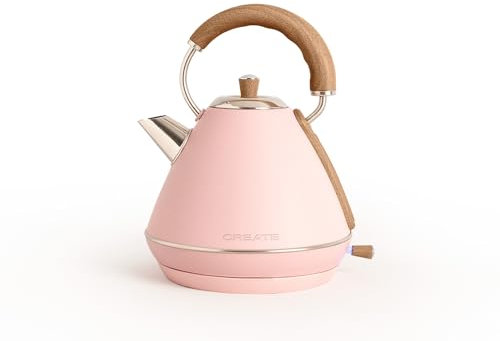 CREATE/KETTLE RETRO L/Elektrischer Wasserkocher Pastellrosa/Schnelles Aufkochen, Fassungsvermögen 1,7L, Abschaltautomatik, Anti-Kalk-Filter, Wasserstandsanzeige, Ø19cm, 2200W