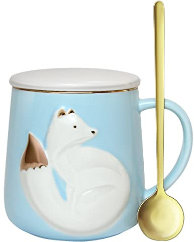 Cute Fox Kids Coffee Mug ,Funny Ceramic Morning Milk Creative Coffee Cup, Novelty Blue Animal Mug with lid and Stainless Steel Spoon, Christmas Birthday Gifts for for Fox Lovers Todders Girls Women