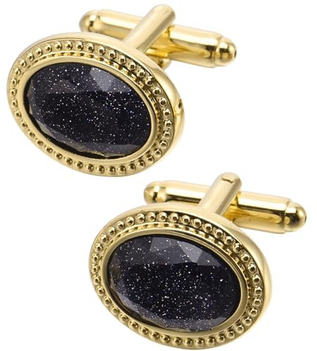 Jonwo Polyeder Schwarz Edelsteine Manschettenknöpfe für Herren In Geschenkbox Oval Manschettenknopf Men Cufflinks Hochzeit Hemd Party Geburtstag Jubiläum Kleid (14K Vergolden)
