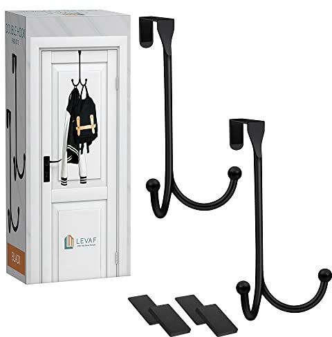 2 Stück Türhaken – mit 2 Aufhängeköpfen und eng anliegenden Pads, robuster Haken zum Aufhängen von Mänteln, Handtüchern, Kappen und Kranz, elegante, matte Oberfläche, ohne Bohren, Organizer – Schwarz