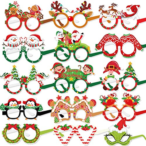 DPKOW 30pcs Papier Lustige Weihnachten Partybrille Photo Booth Prop für Weihnachten Gastgeschenke Kostüm Zubehör, Weihnachtsbaum Kranz Weihnachtsmann Schneemann Zuckerstange Lebkuchenmann Haus Pinguin