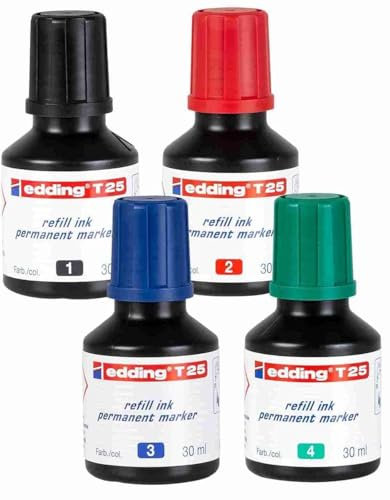 Nachfülltinte mit Tropfendosierer T25 4x30ml Schwarz, Rot, Blau, Grün - geeignet für das schnelle Nachfüllen diverser edding Permanentmarker