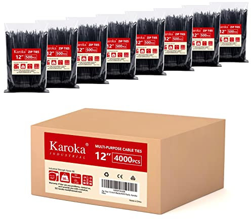 Zip Ties 12 inch (4000 Pack), Black, 50lbs Tensile Strength, UV Resistant Cable Ties for indoor and outdoor by Karoka