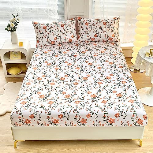 Chickwin Fitted Sheets Bedding Sheets, Flowers Plant Print Double King Single Size Bed for Deep Pocket 30cm - Shrinkage Fade Resistant Easy Care (Small Double,flowers)