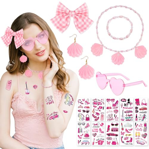 HOWAF 80er 90er Jahre Outfit Damen, Haarschleife Rosa Haarspangen Damen Herz Sonnenbrille Muschel Halskette Armbänder Muschel Ohrringe Rosa Tattoo für Halloween Kostüm Fasching Costume Accessories