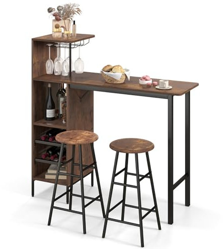 RELAX4LIFE Bartisch Set 3-Teilig, Esstisch mit 2 Barhockern, Thekentisch mit 3 Ablagen & 2-stufigem Weinregal & Glashalter, Bistrotisch Set mit Metallgestell, Essgruppe für 2 Personen (Kaffee)